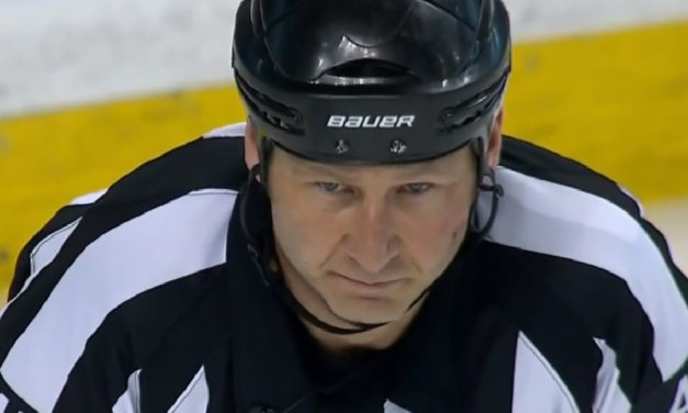 Referee Kozari Hit in Face by Puck